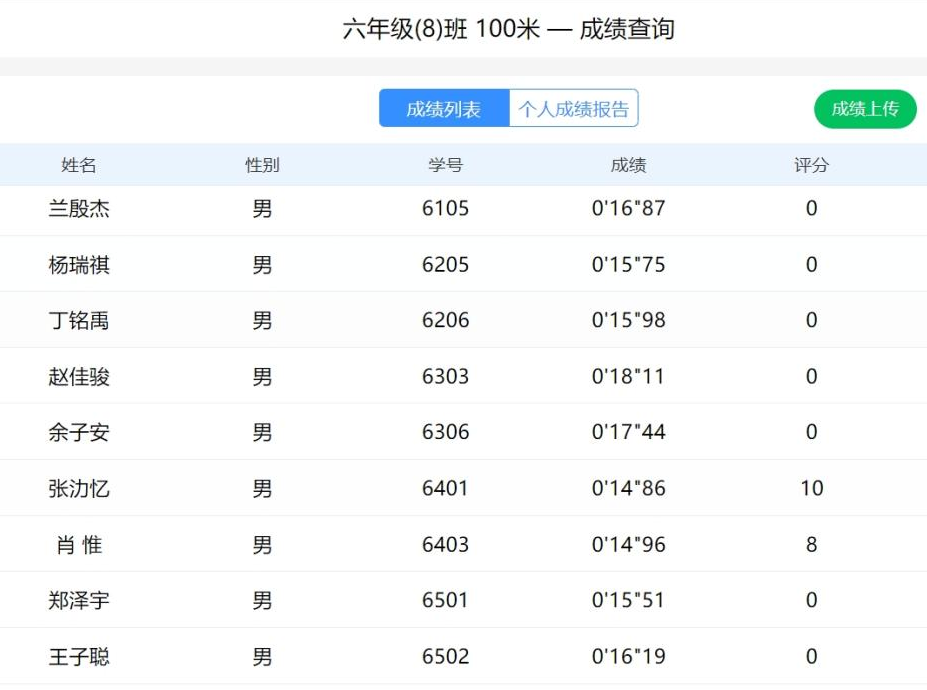 （AI智慧操场系统-100米测试实时成绩查询界面）